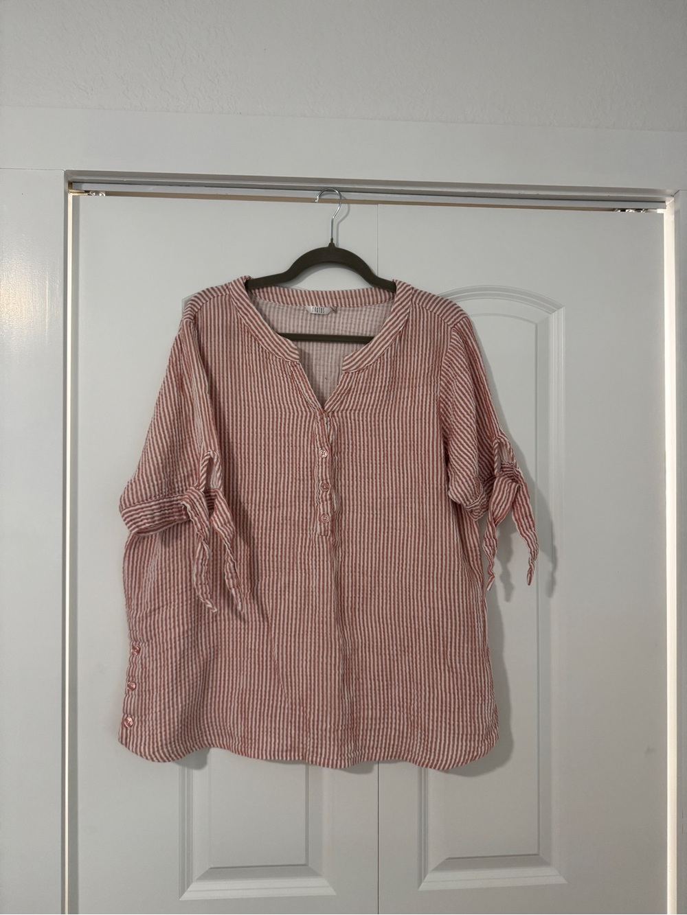 Kaktus Striped pink and white Tie-Sleeve Women's Henley tunic Top tie sleeve XXL